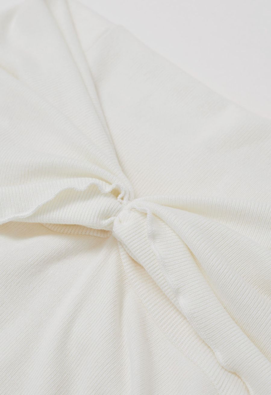 Ruched Fold Neckline Long Sleeve Off-Shoulder Top in White