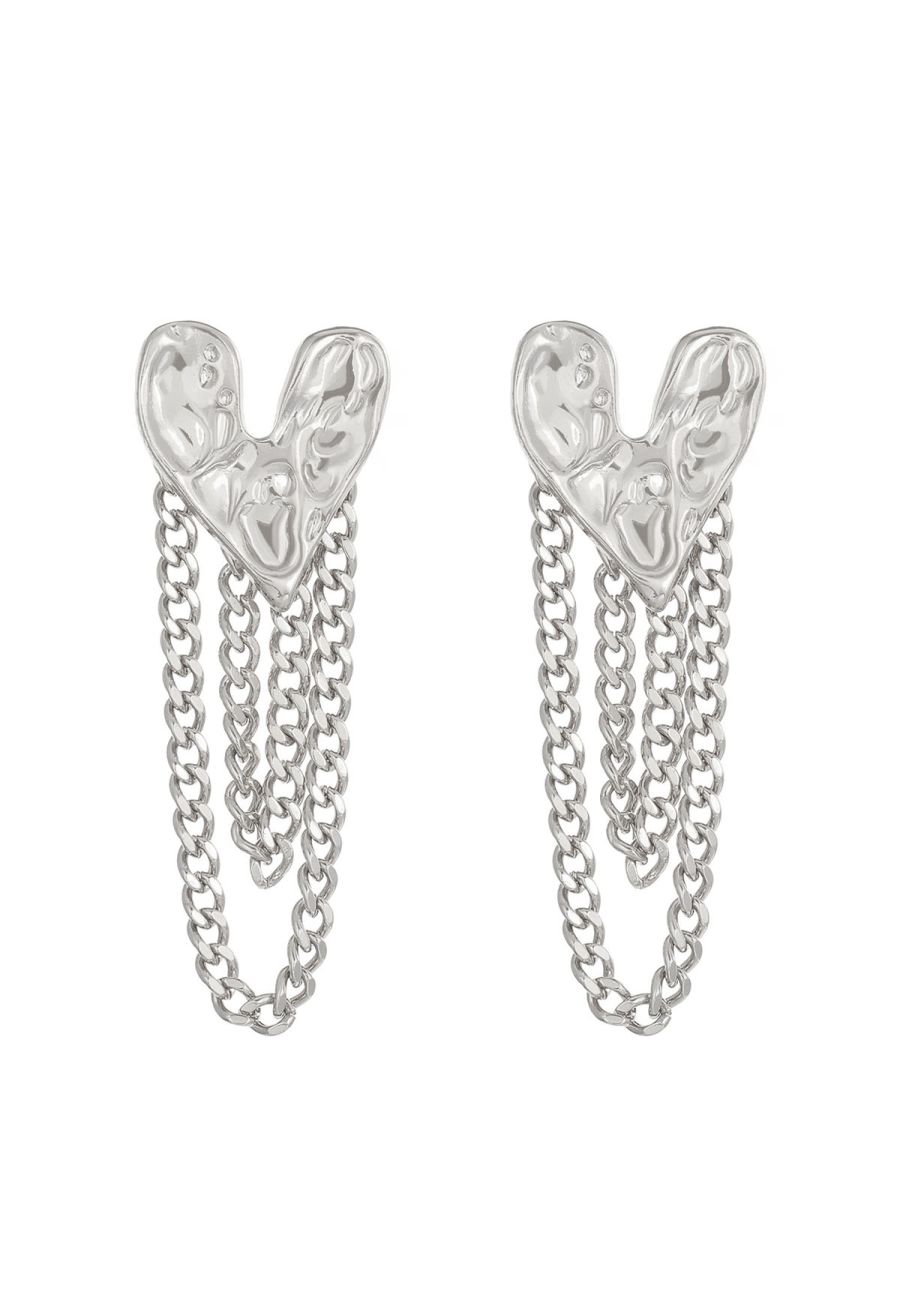 Heart Tassel Chain Earrings in Silver