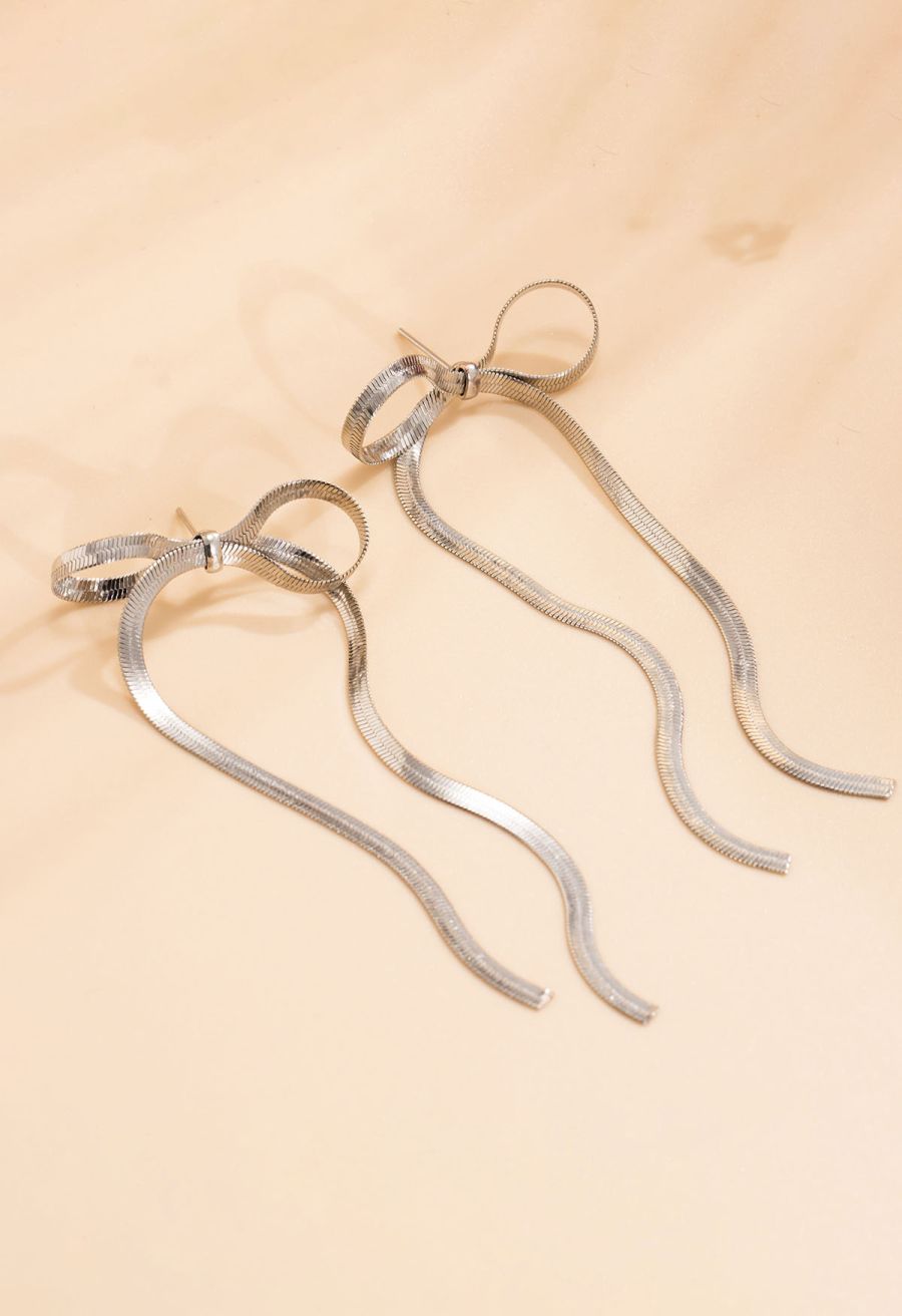Ribbon Bowknot Dangle Earrings in Silver