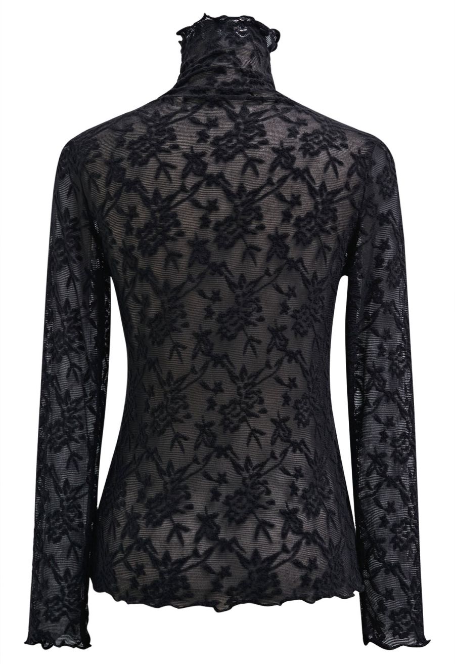 Floral Fantasy High Neck Mesh Long-Sleeve Top in Black