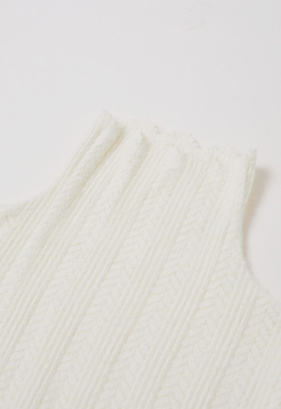 Fuzzy Ribbed Texture High Neck Top in White