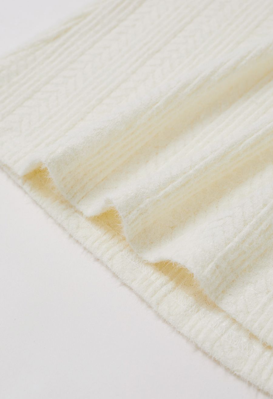 Fuzzy Ribbed Texture High Neck Top in White