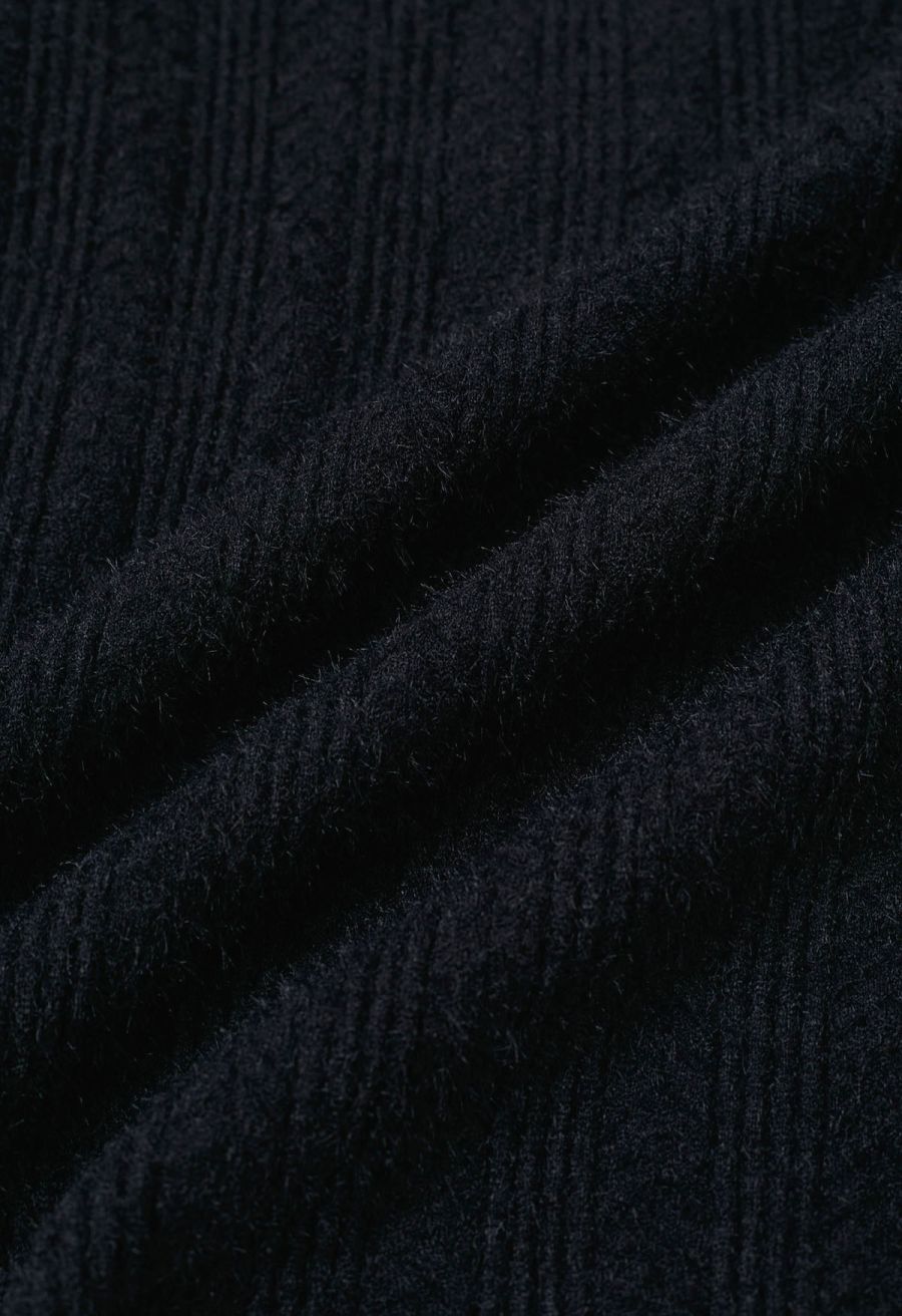 Fuzzy Ribbed Texture High Neck Top in Black