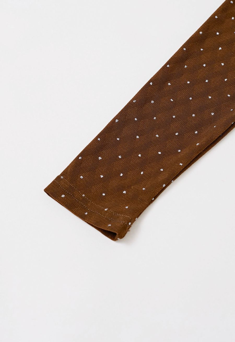 Shimmer Dotted Twist Front Cutout Mock Neck Top in Caramel