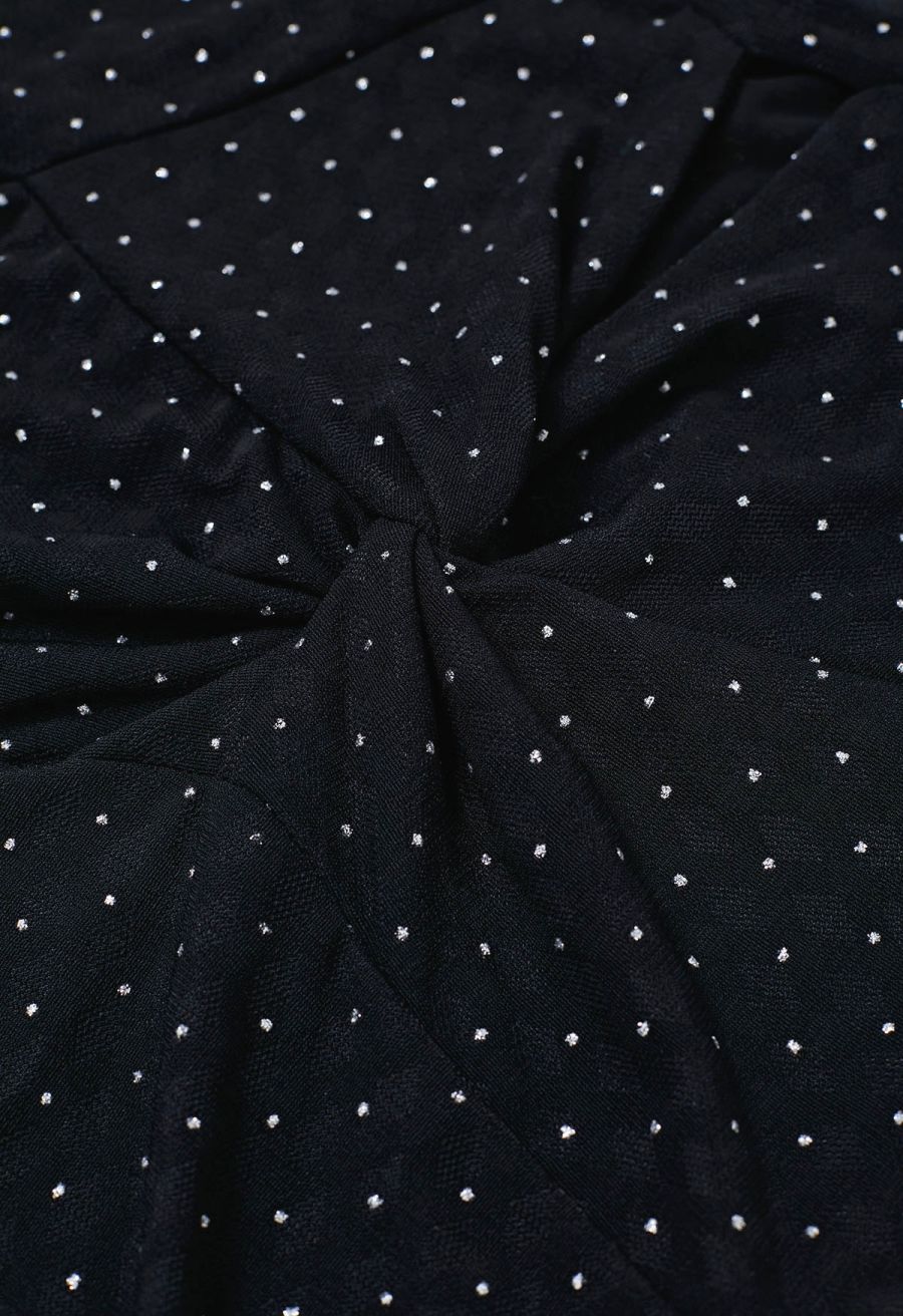 Shimmer Dotted Twist Front Cutout Mock Neck Top in Black