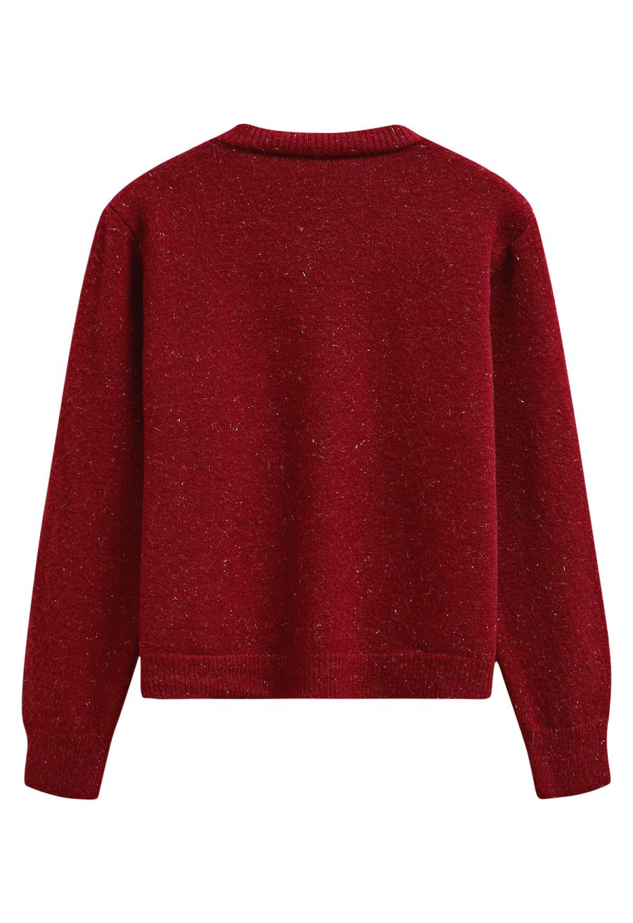 Stylish Button Shimmer Fringe Knit Cardigan in Red