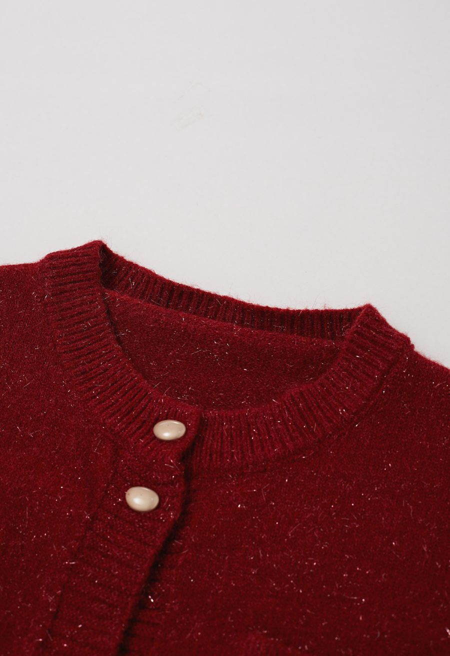 Stylish Button Shimmer Fringe Knit Cardigan in Red