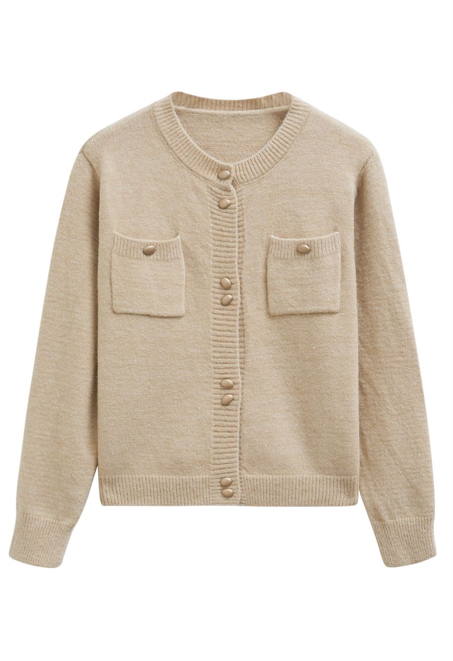 Stylish Button Shimmer Fringe Knit Cardigan in Sand