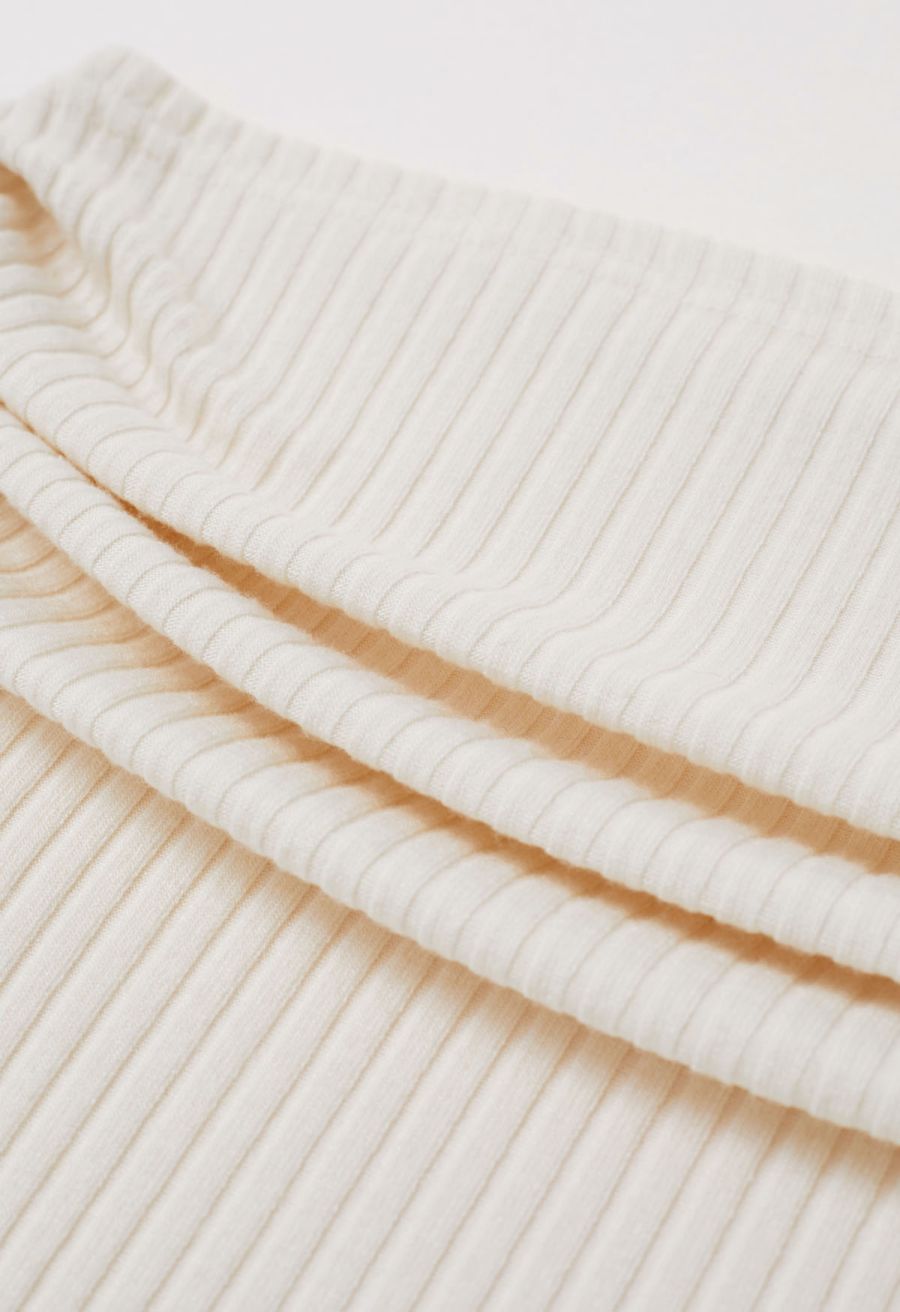 Ribbed Texture Off-Shoulder Ruched Cotton Top in Ivory