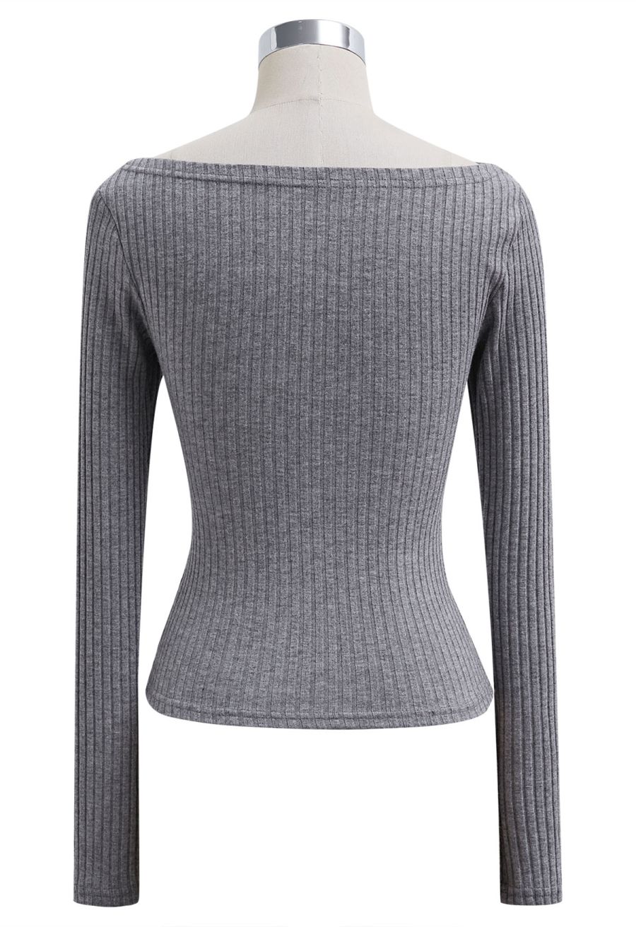 Ribbed Texture Off-Shoulder Ruched Cotton Top in Grey