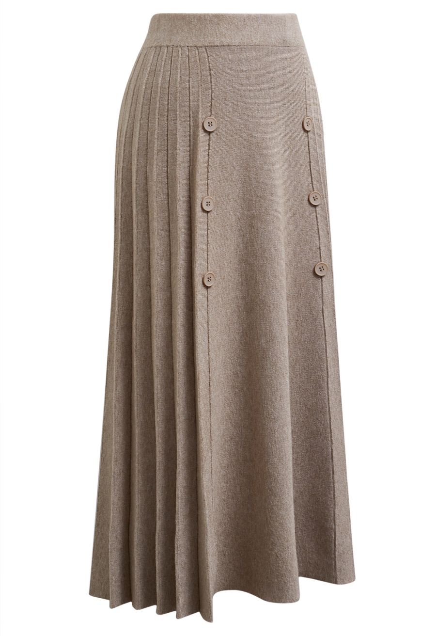 Soft Elegance Button Trim Pleats Knit Skirt in Sand