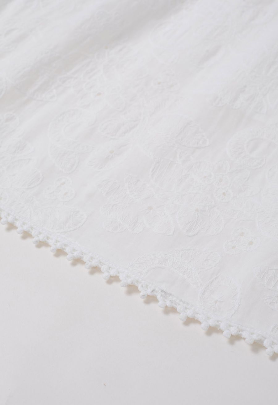 Floral Eyelet Embroidery Tassel String Buttoned Maxi Dress in White