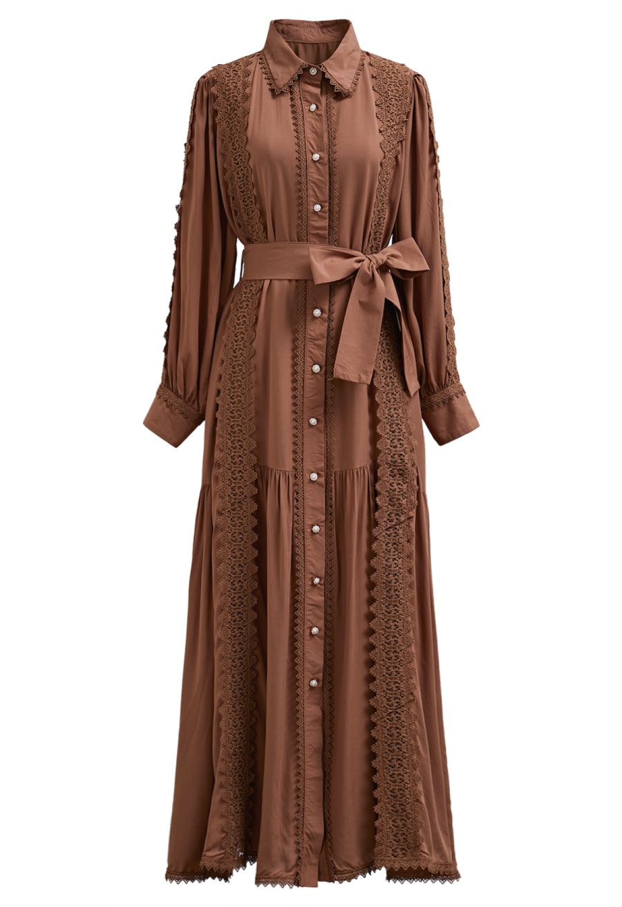 Captivating Lace Tie-Waist Button Down Maxi Dress in Brown