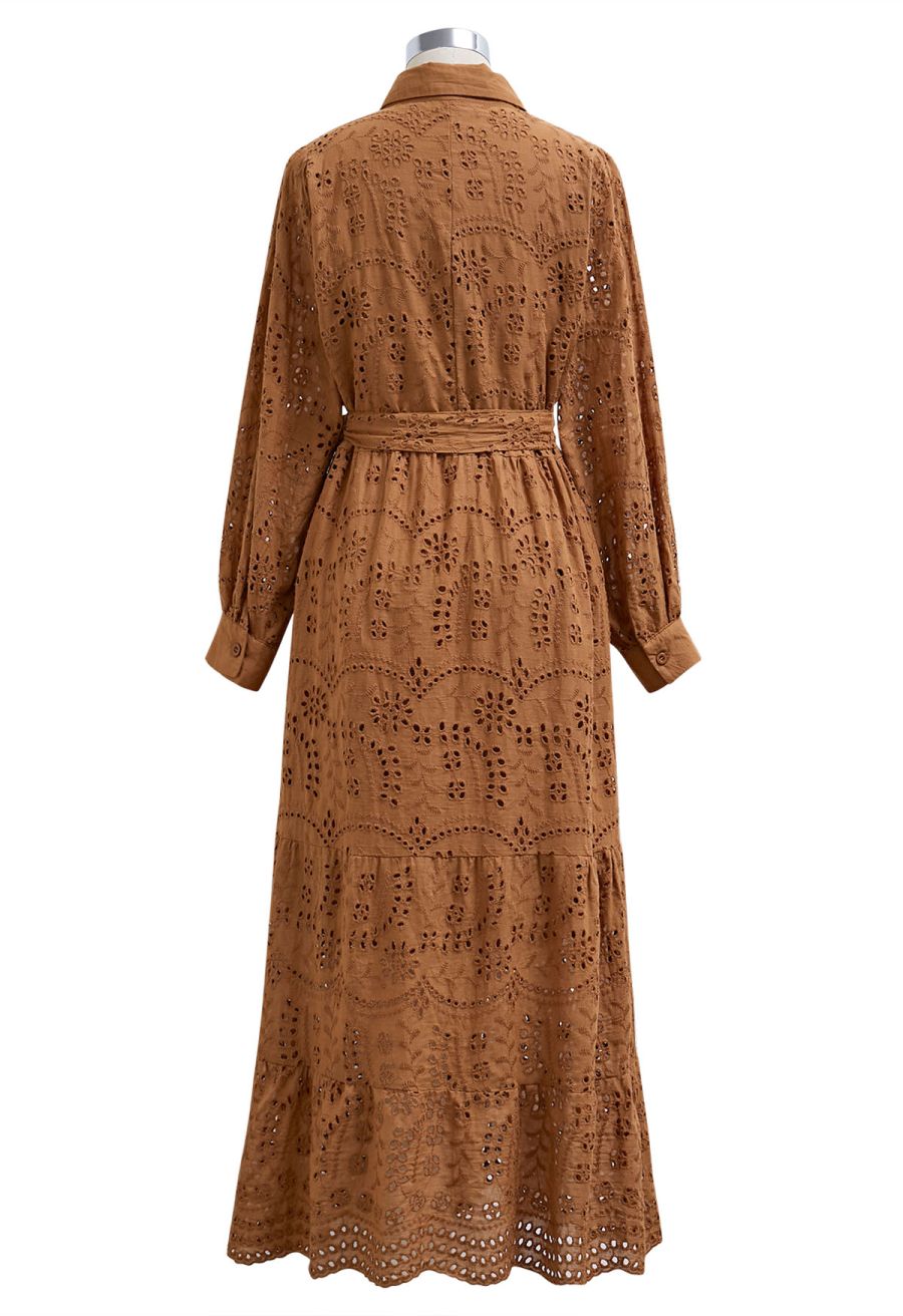 Delicate Eyelet Embroidery Tie-Waist Buttoned Midi Dress in Tan