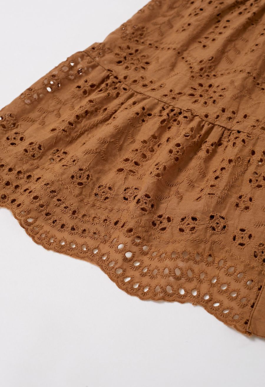 Delicate Eyelet Embroidery Tie-Waist Buttoned Midi Dress in Tan