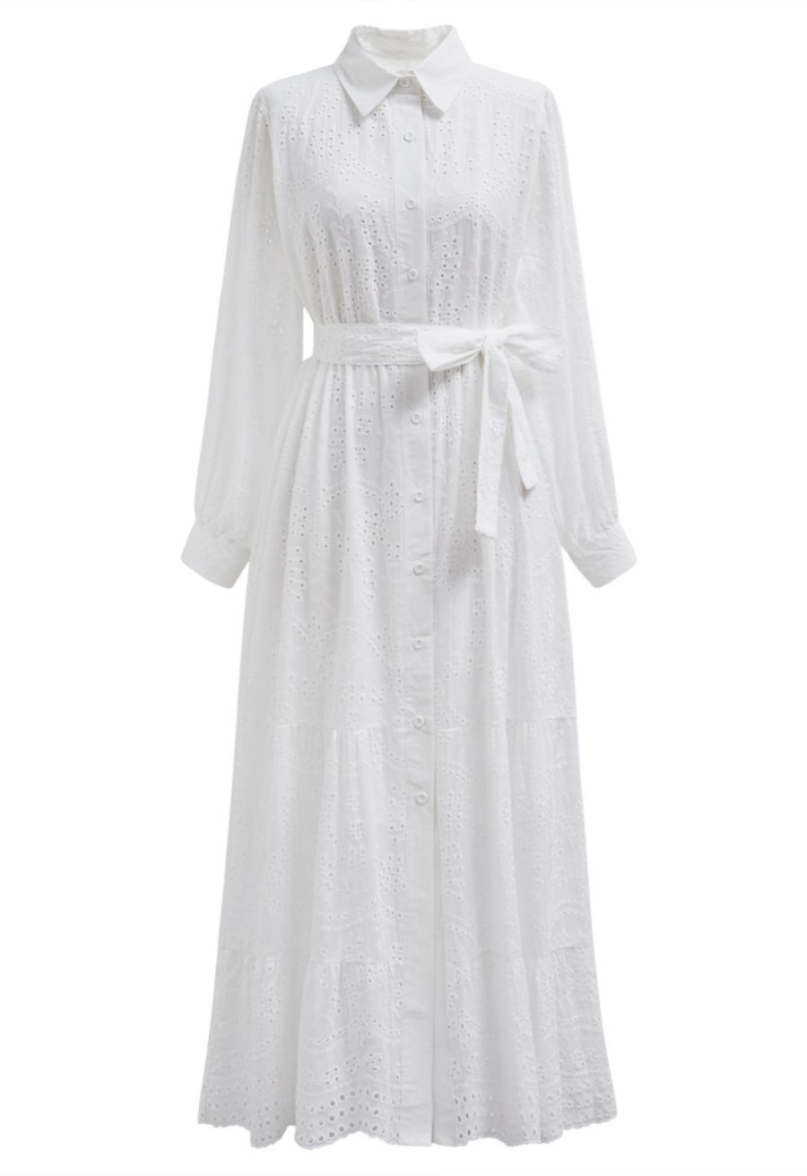 Delicate Eyelet Embroidery Tie-Waist Buttoned Midi Dress in White