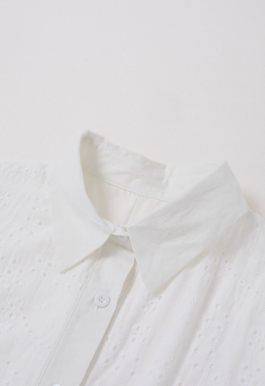 Delicate Eyelet Embroidery Tie-Waist Buttoned Midi Dress in White