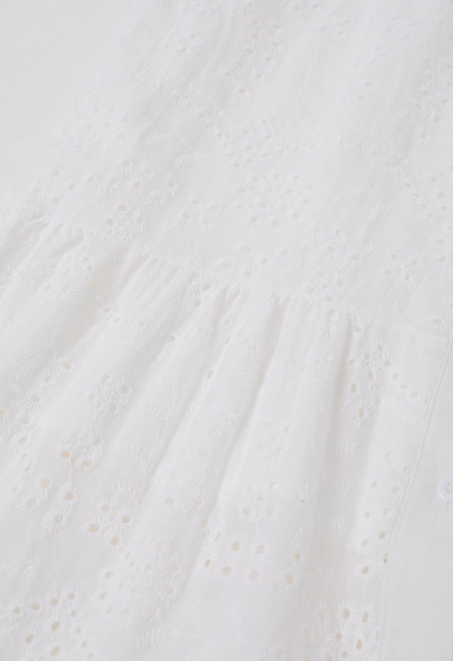 Delicate Eyelet Embroidery Tie-Waist Buttoned Midi Dress in White