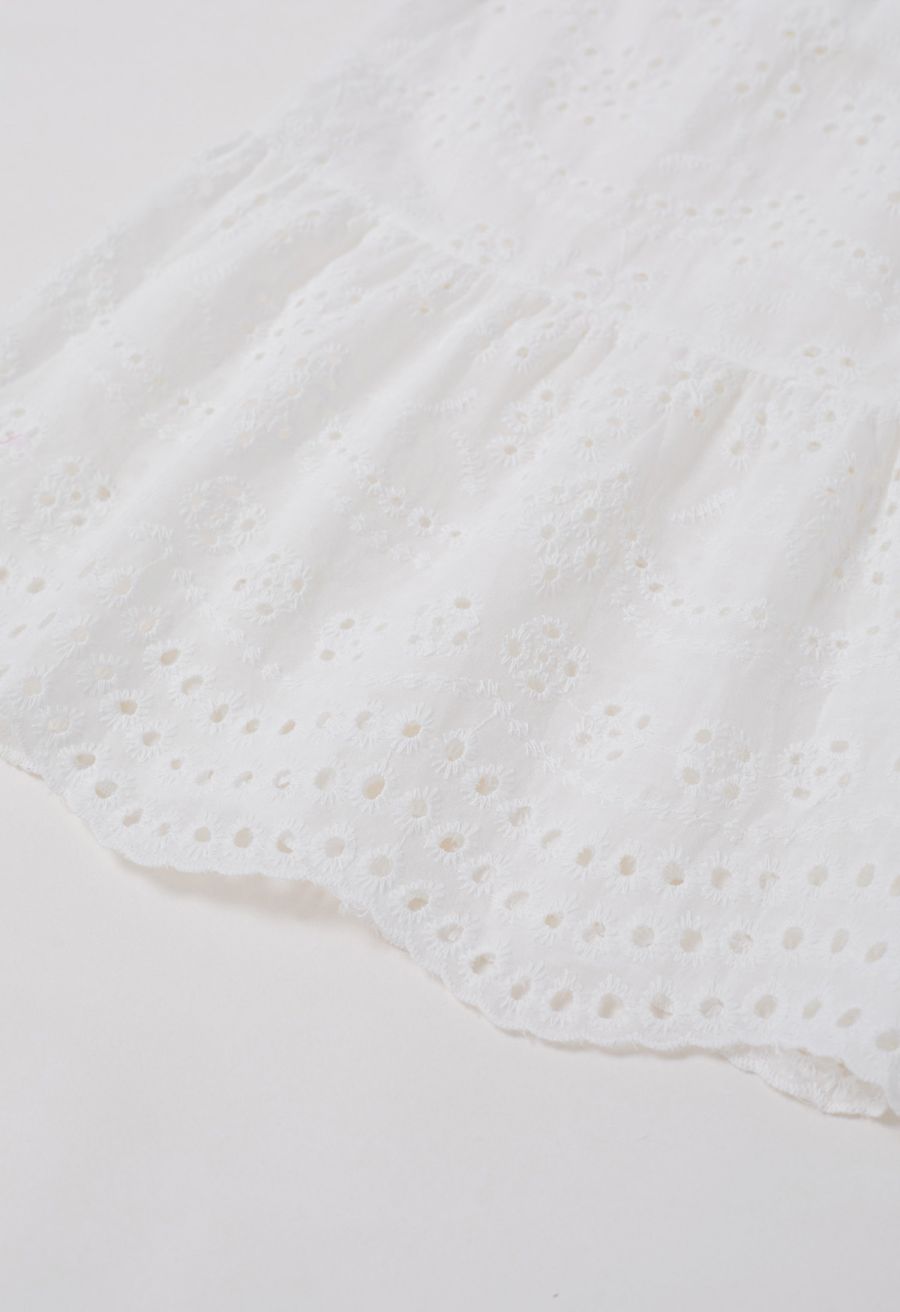 Delicate Eyelet Embroidery Tie-Waist Buttoned Midi Dress in White