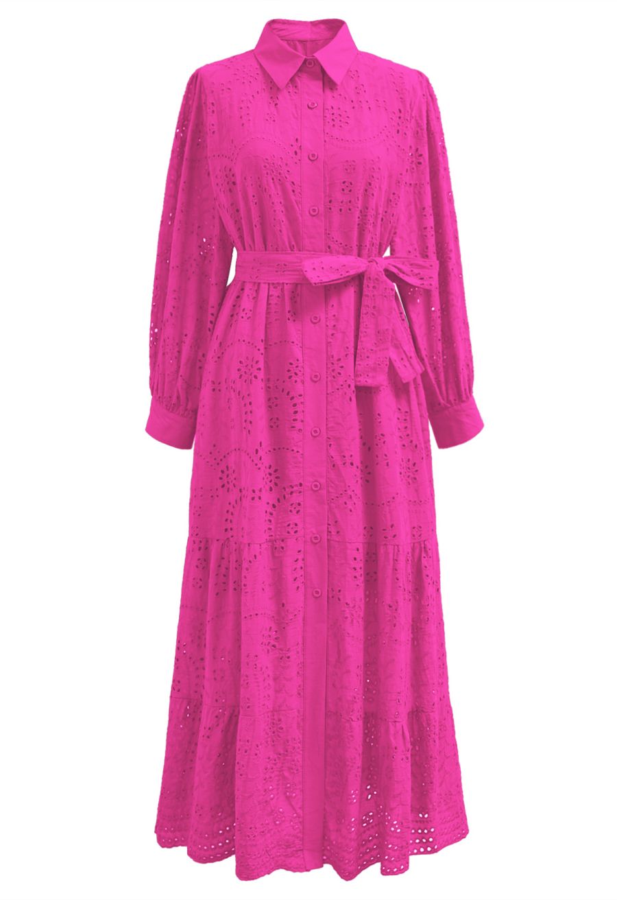 Delicate Eyelet Embroidery Tie-Waist Buttoned Midi Dress in Hot Pink