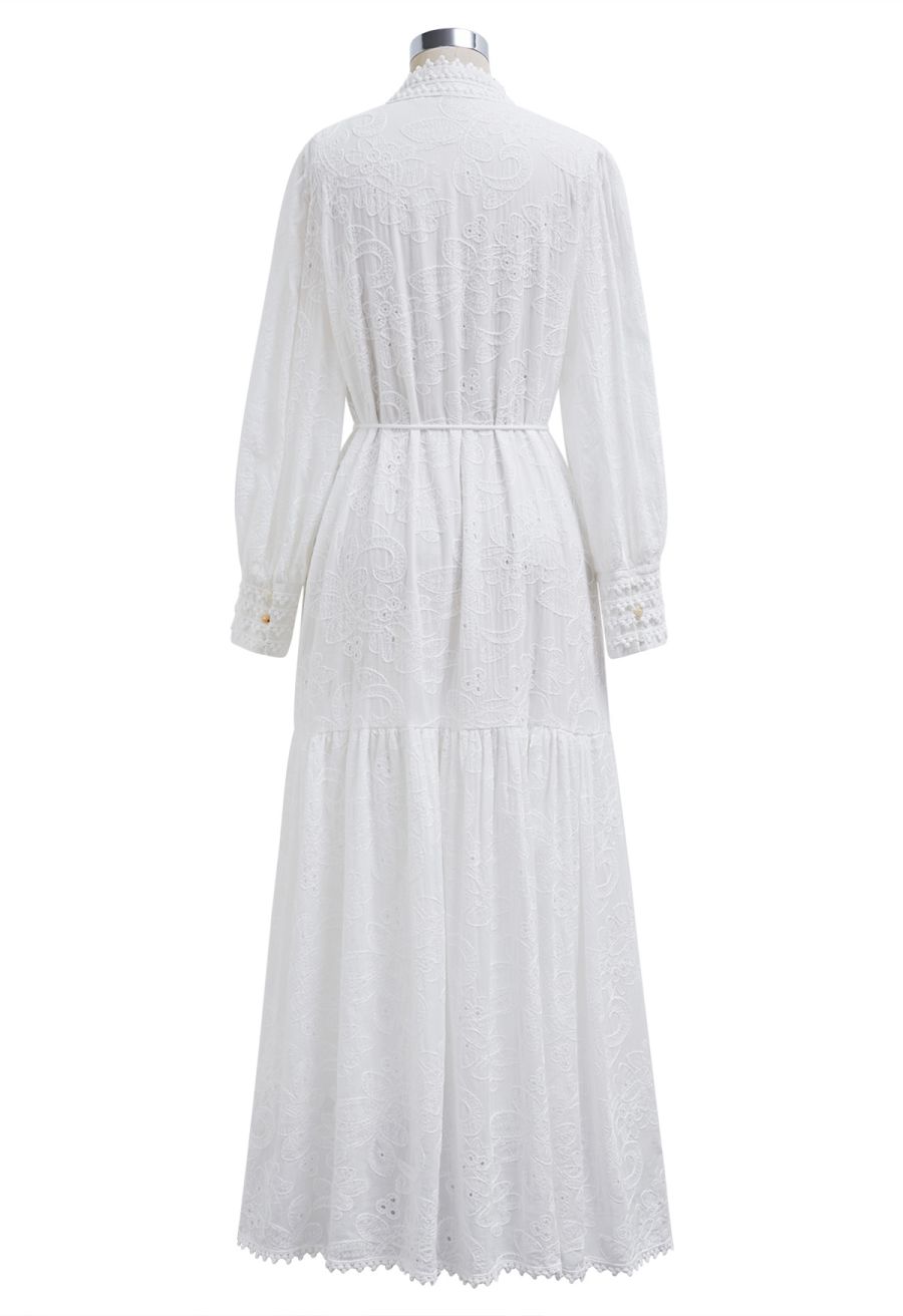 Floral Eyelet Embroidery Tassel String Buttoned Maxi Dress in White