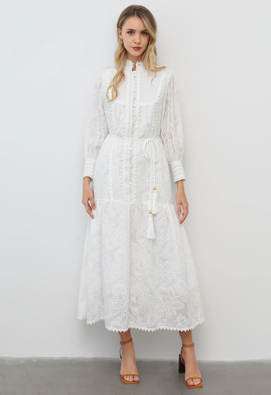 Floral Eyelet Embroidery Tassel String Buttoned Maxi Dress in White