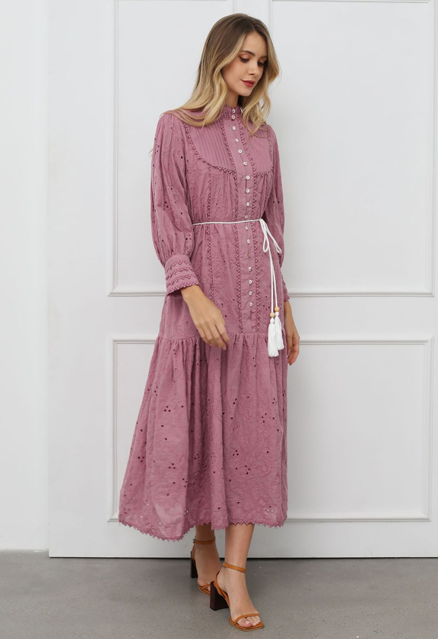 Floral Eyelet Embroidery Tassel String Buttoned Maxi Dress in Mauve