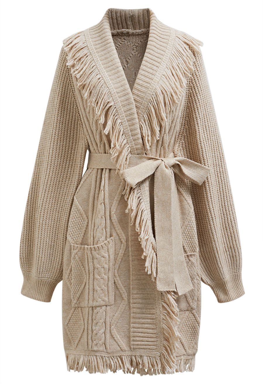 Fringe Trim Cable Knit Belted Cardigan in Oatmeal