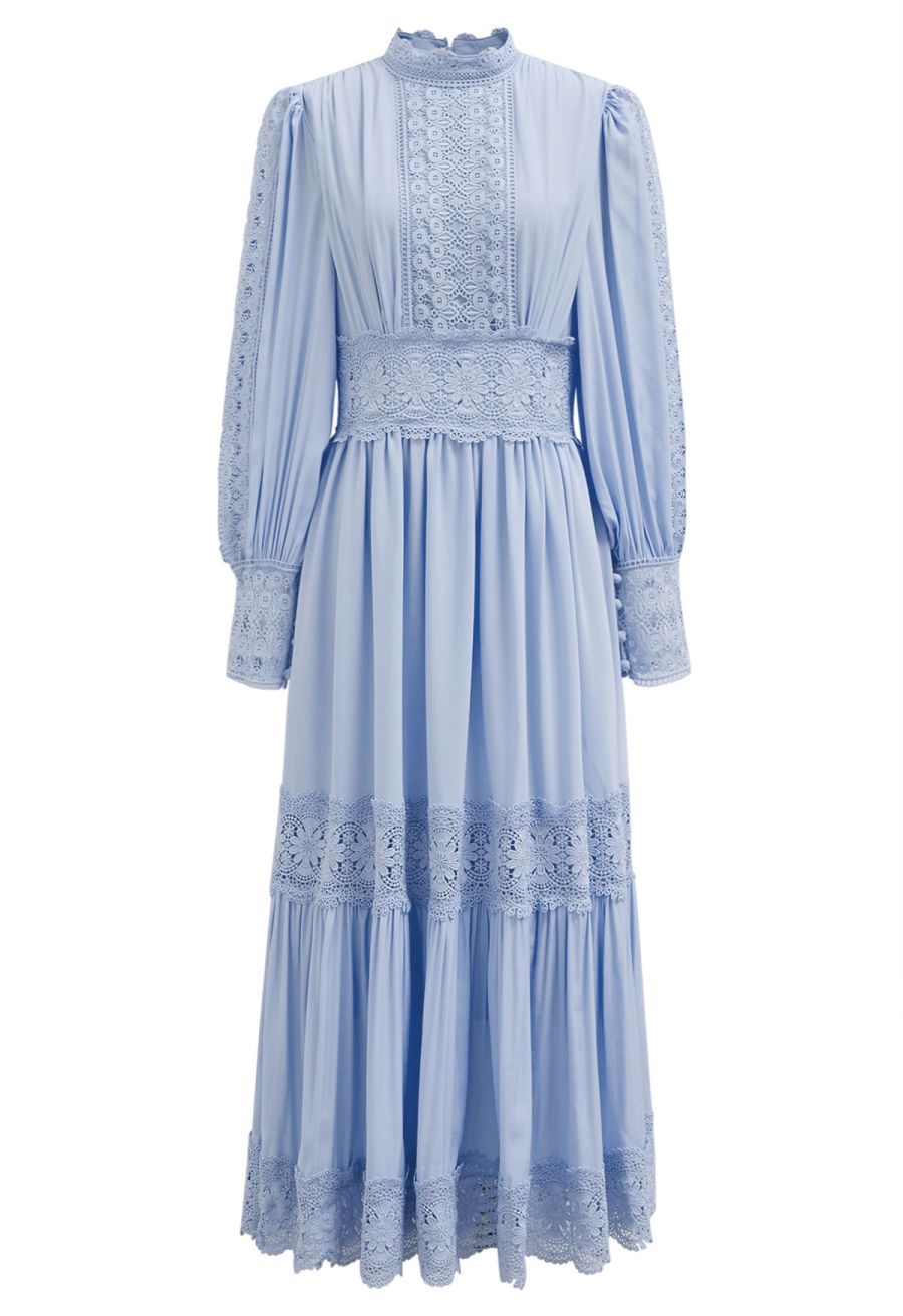 Victorian Elegance Cutwork Lace Maxi Dress in Baby Blue