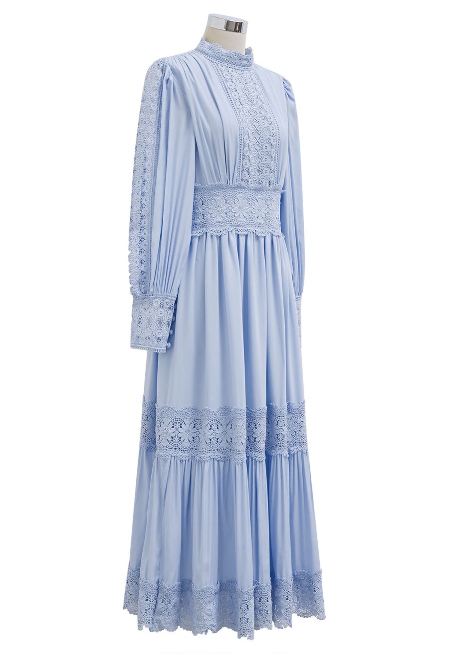 Victorian Elegance Cutwork Lace Maxi Dress in Baby Blue