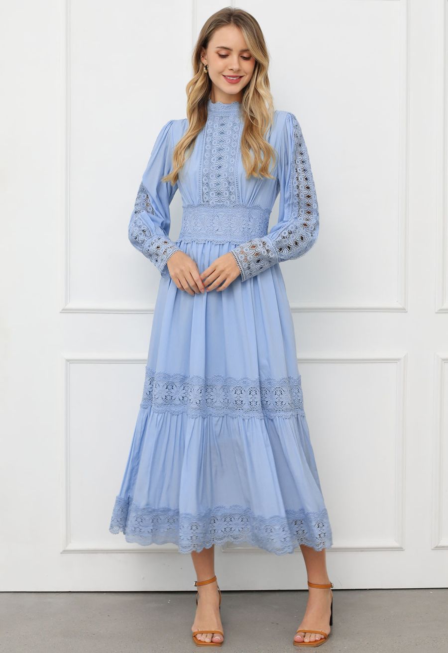 Victorian Elegance Cutwork Lace Maxi Dress in Baby Blue