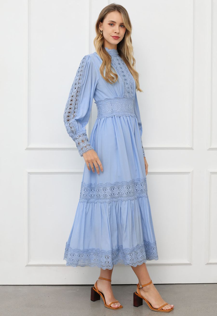 Victorian Elegance Cutwork Lace Maxi Dress in Baby Blue