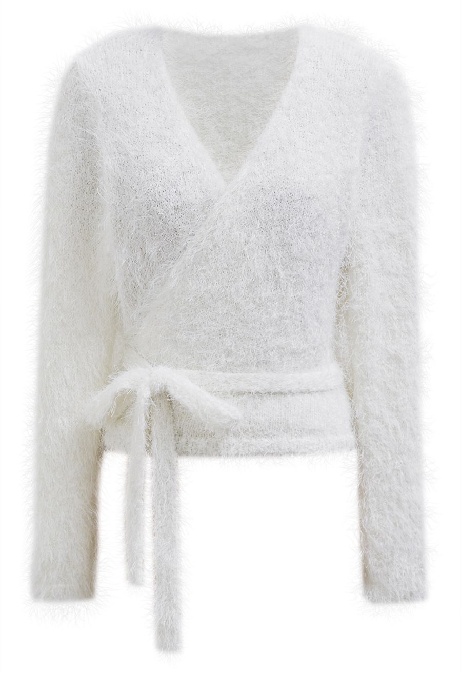 Wrap V-Neck Tie-Waist Fuzzy Knit Top in White