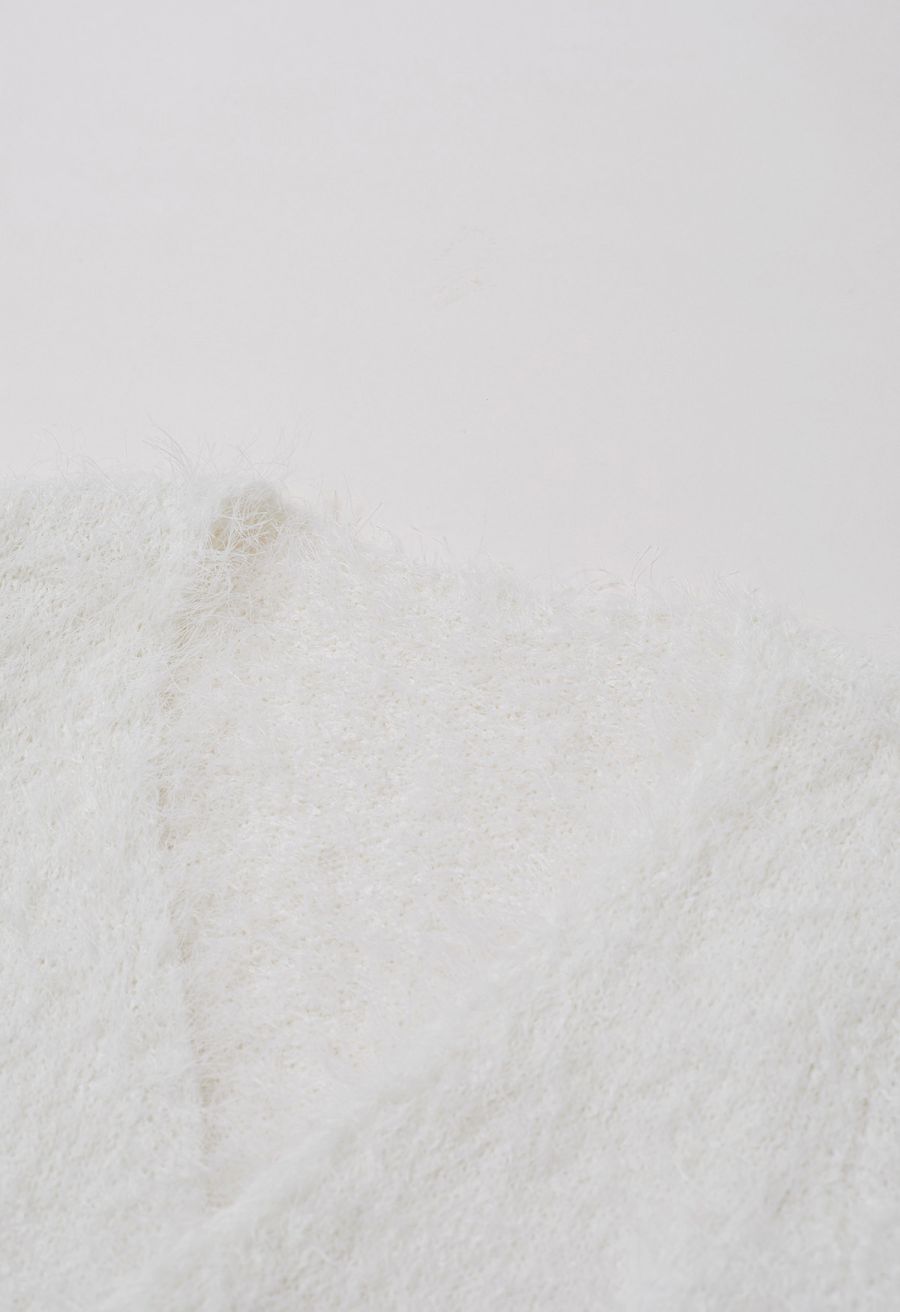 Wrap V-Neck Tie-Waist Fuzzy Knit Top in White