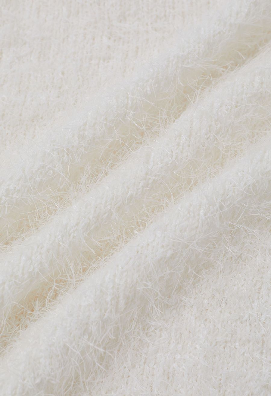 Wrap V-Neck Tie-Waist Fuzzy Knit Top in White