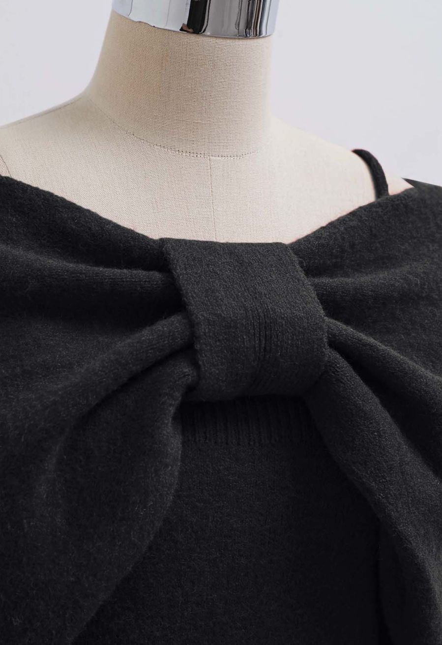 Mesmerizing Bowknot Cami Top and Sweater Set in Black