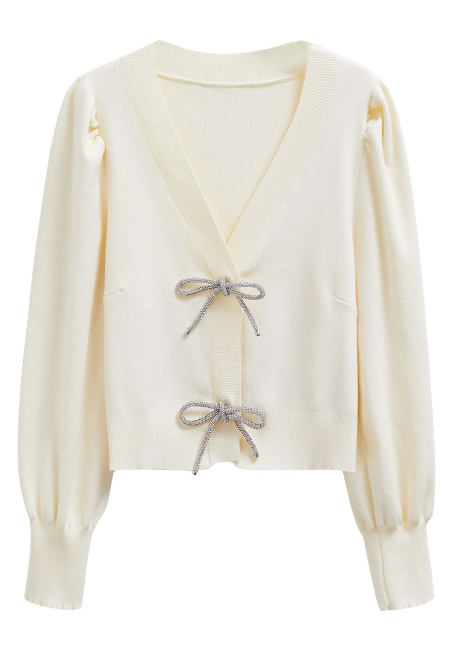 Sparkling Bowknot Buttoned Lantern Sleeve Knit Cardigan in Cream