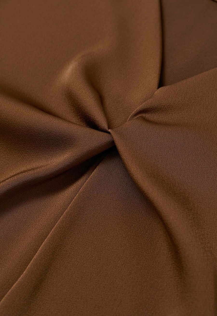 Ribbon V-Neckline Twist Detail Satin Top in Brown