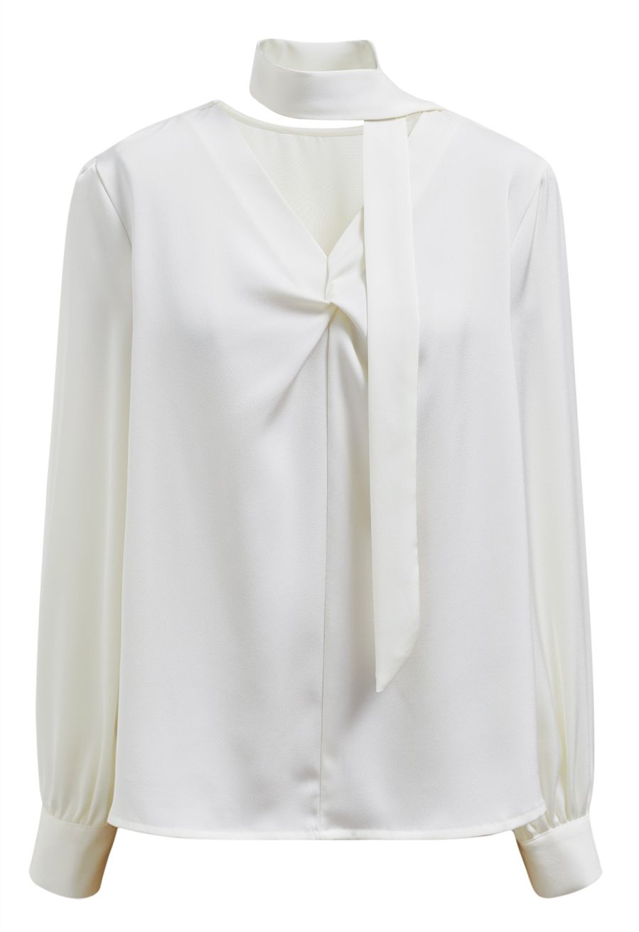 Ribbon V-Neckline Twist Detail Satin Top in Cream