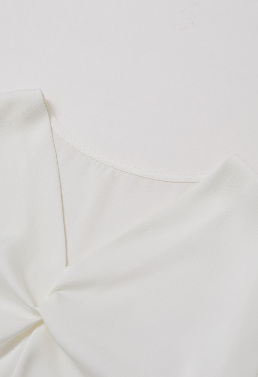 Ribbon V-Neckline Twist Detail Satin Top in Cream