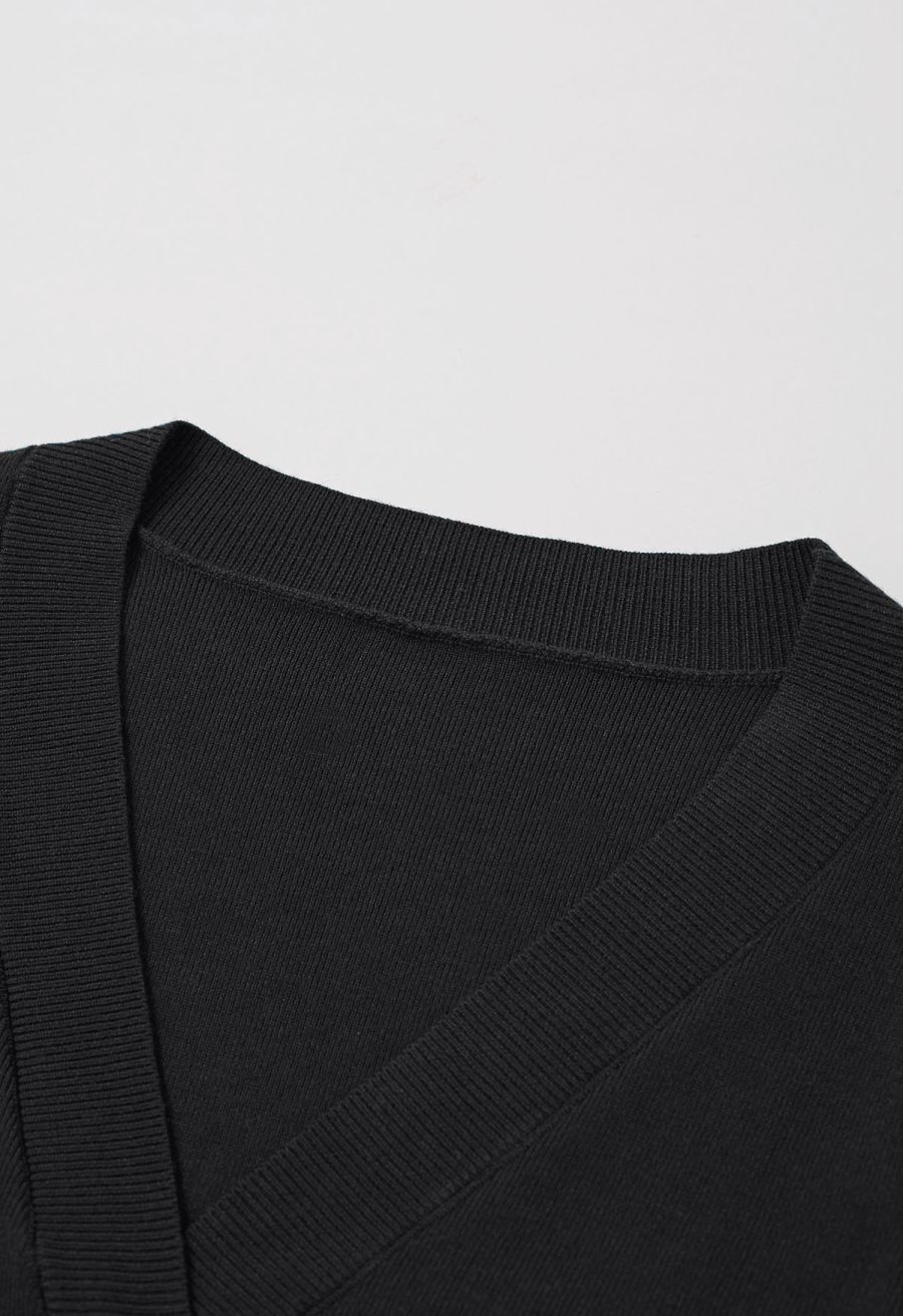 Sparkling Bowknot Buttoned Lantern Sleeve Knit Cardigan in Black
