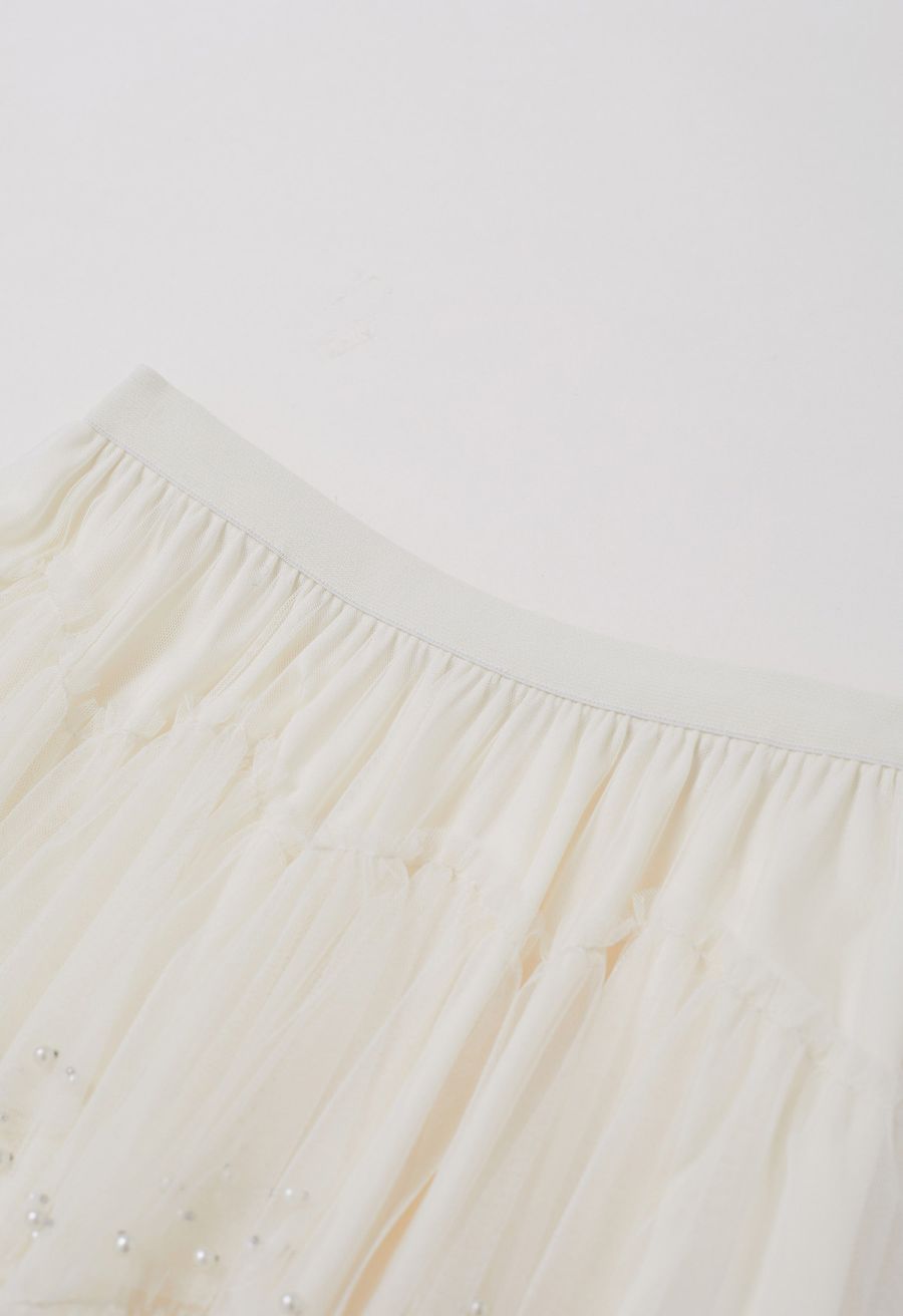 Ethereal Tiered Pearl Tulle Maxi Skirt in White