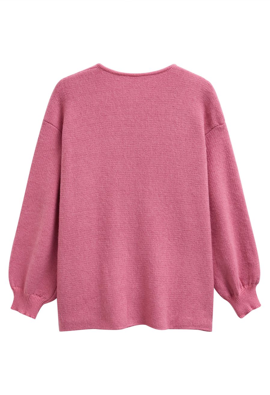 Colorful Pom-Pom Wavy Buttoned Patch Pocket Knit Cardigan in Pink