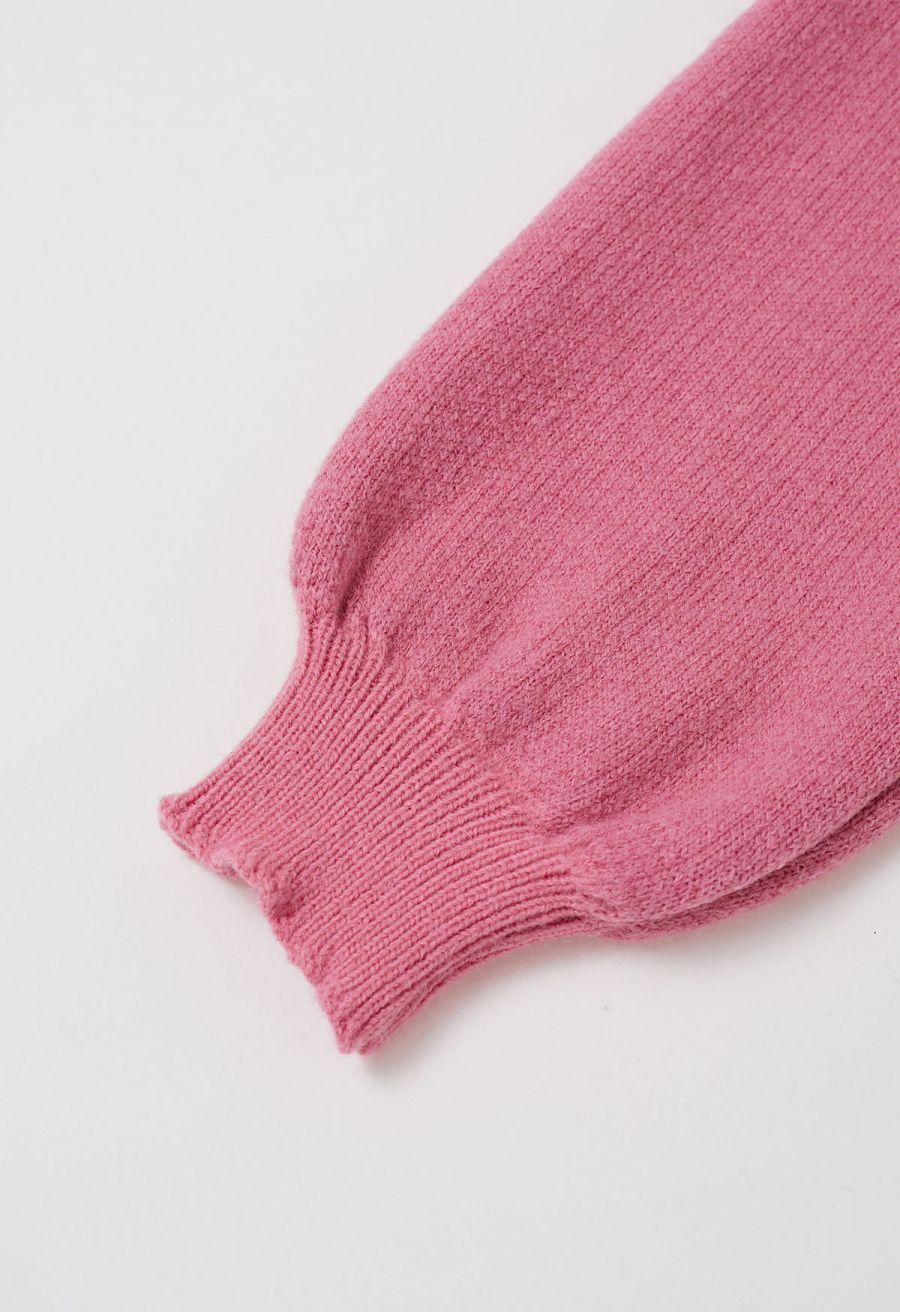 Colorful Pom-Pom Wavy Buttoned Patch Pocket Knit Cardigan in Pink