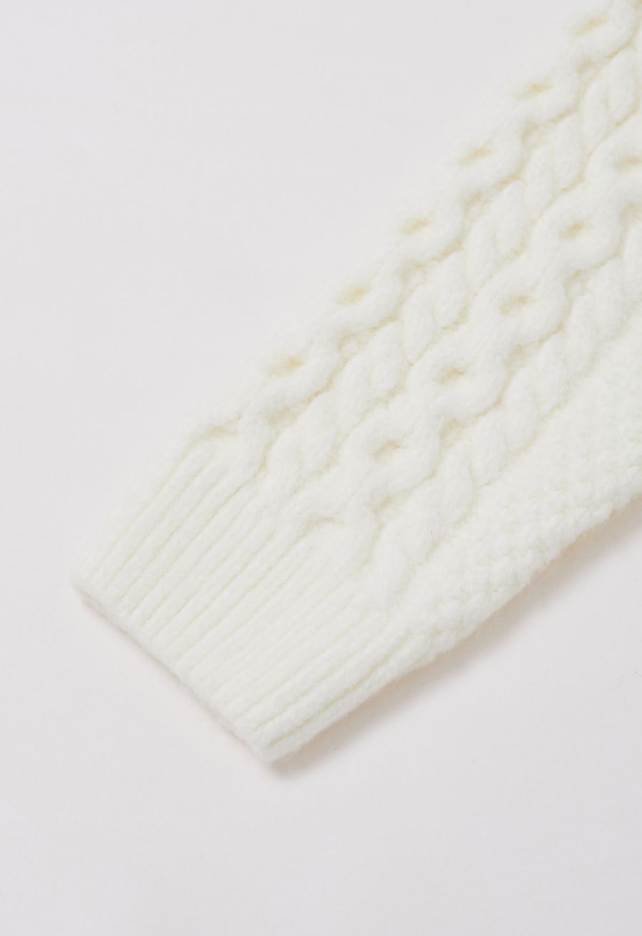 Bowknot Snap Button Braid Knit Cardigan in White