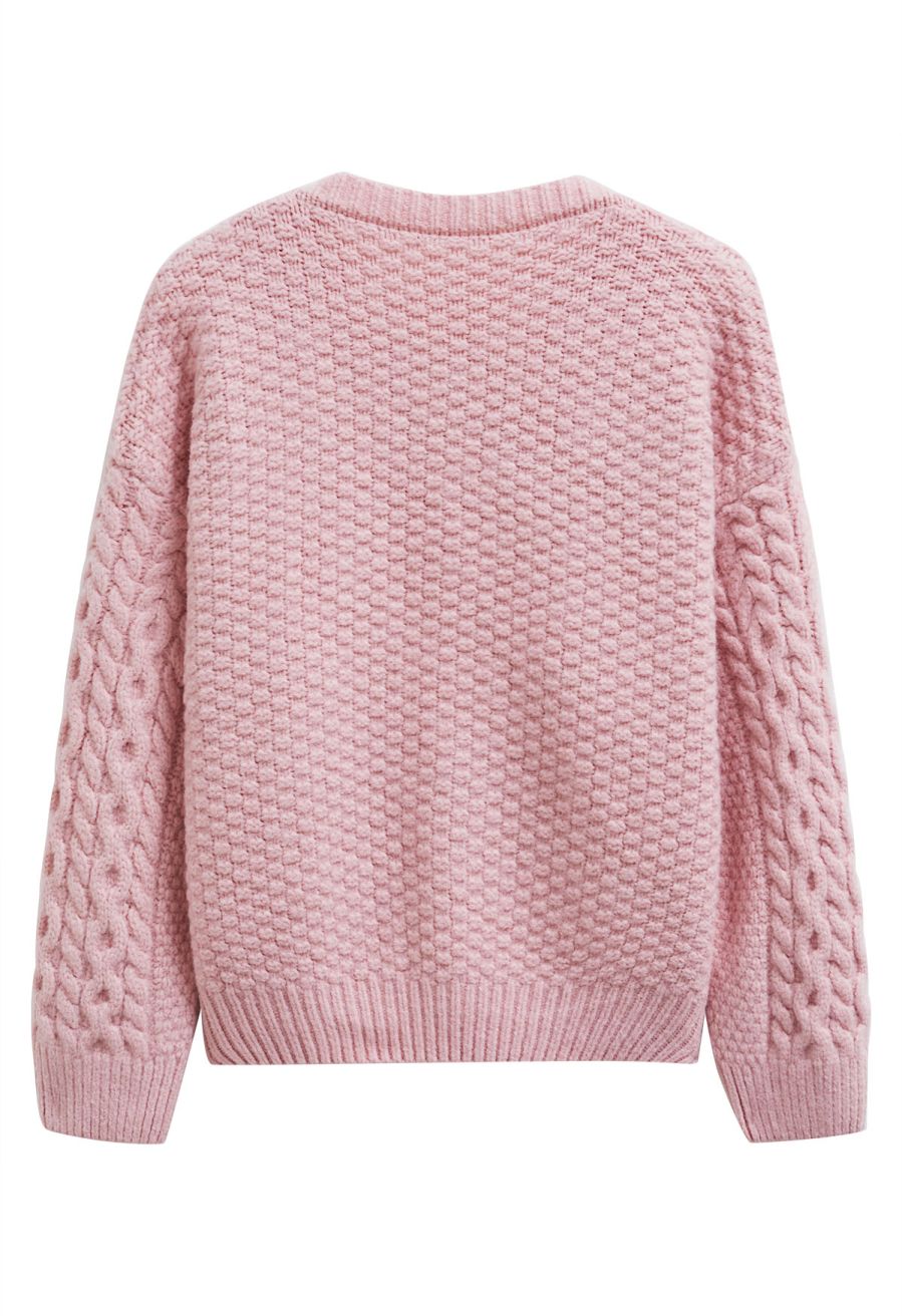 Bowknot Snap Button Braid Knit Cardigan in Pink