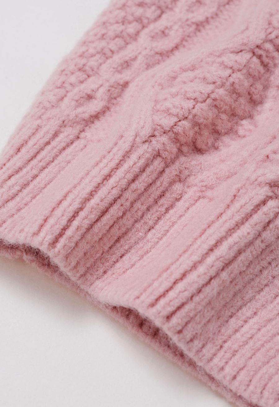 Bowknot Snap Button Braid Knit Cardigan in Pink