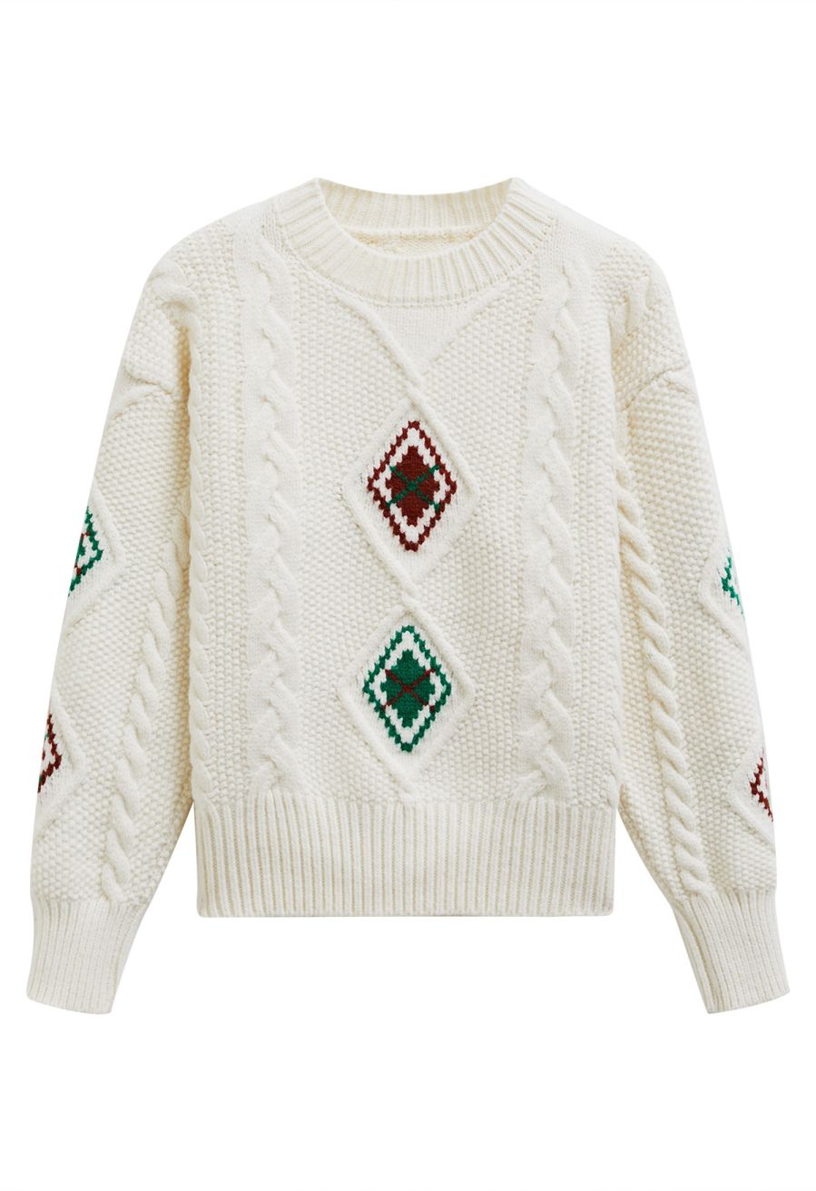 Festive Geometric Braid Knit Sweater in White