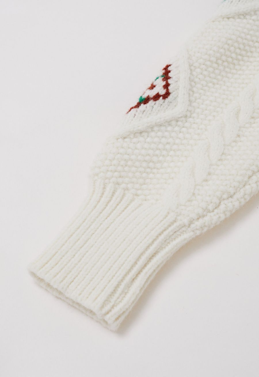 Festive Geometric Braid Knit Sweater in White
