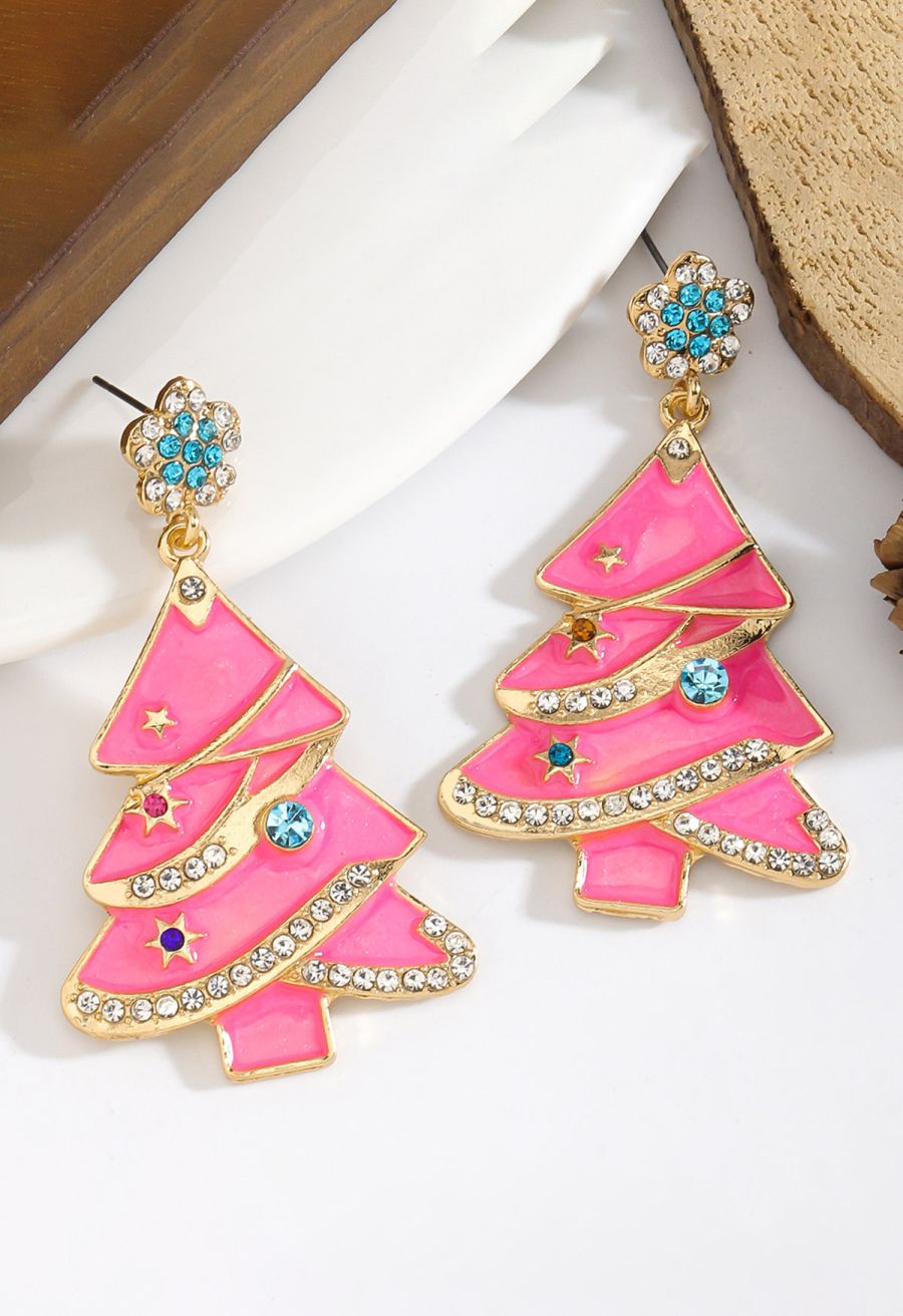 Shiny Pink Christmas Tree Earrings